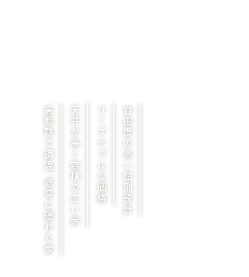 自由度の高い個別設計リーズナブルな価格天井が高く容積の広い家高断熱で調温、遮音に優れた家